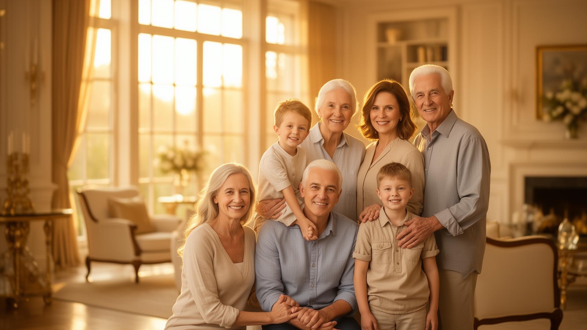 Three generations of one family — grandparents, parents and two young boys — gathered together and smiling in the sunlit living room of their home